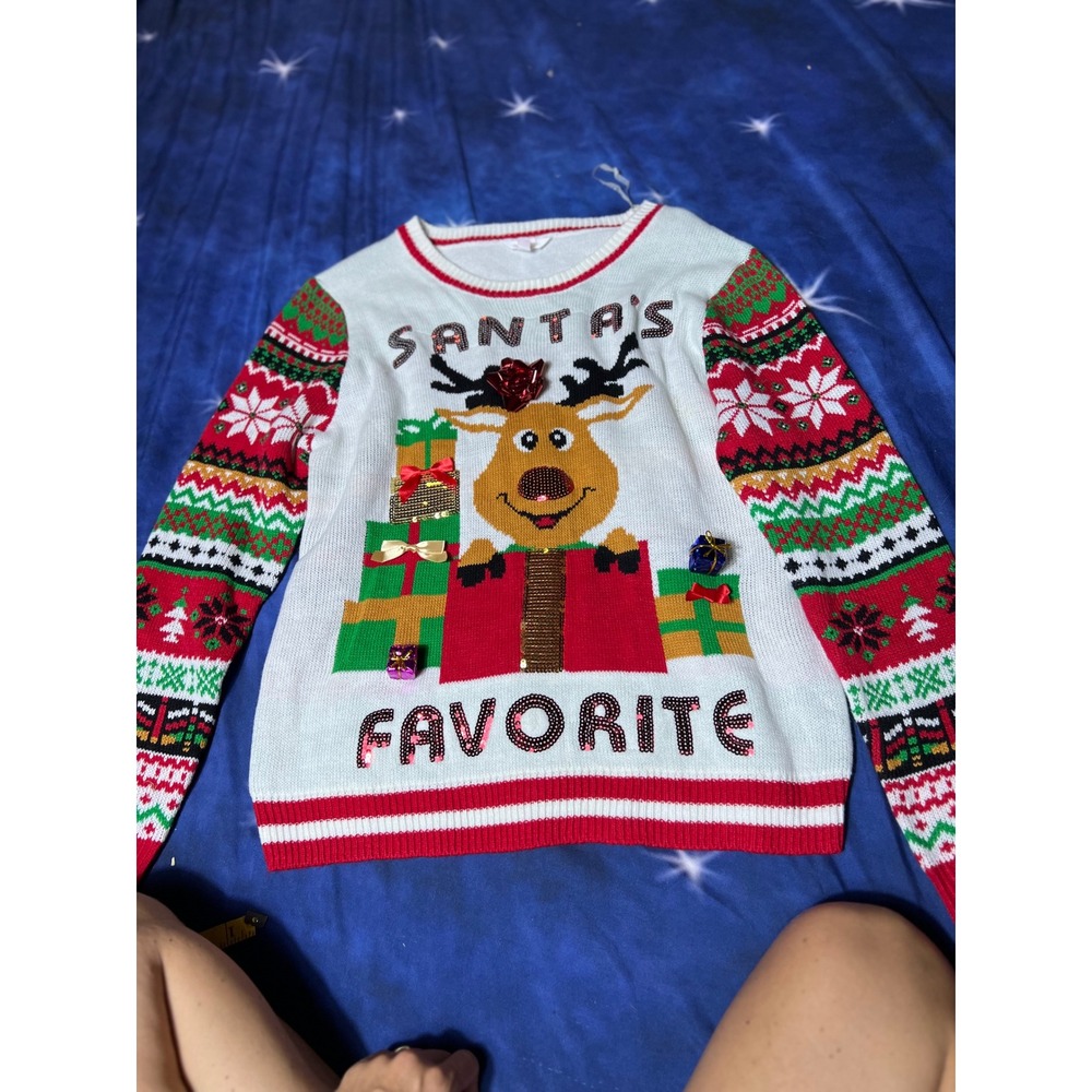 No Boundaries Santa's Favorite Reindeer Ugly Christmas Sweater White XXL 19
